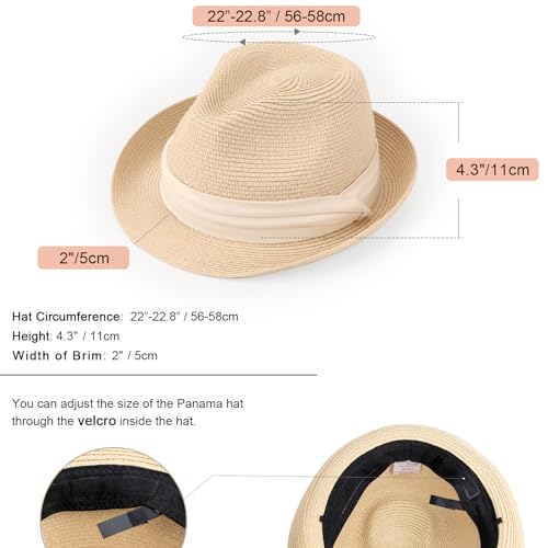 AQOKKA Summer Straw Fedora Hat for Women Men Travel Panama Hat with Wide Brim Roll Up Sun Hat for Beach Outdoor UPF 50+ - color: Fa Beige-beige
