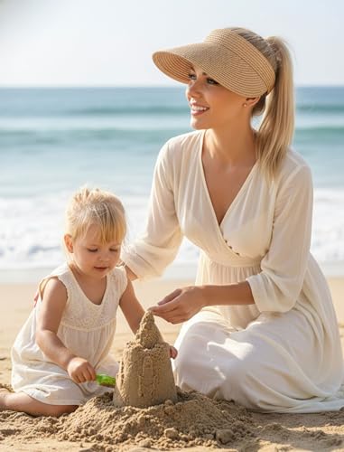 CHUNG Women Visor Sun Hat Paper Straw Wide Brim Adjutable Ponytail Packable Beach Holiday Summer Travel - color: V-khaki