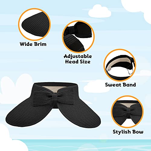 Straw Sun Visor for Women, Wide Brim UPF 50+ Protection Beach Hat, Adjustable, Roll Up Foldable Ponytail Cap with Chin Strap - color: Black