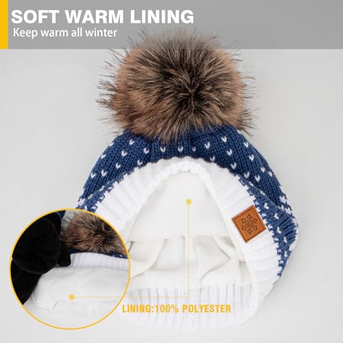 Womens Winter Knit Beanie Fleece Lined Hat with Pom Thick Warm Cable Hat for Women Men Teens - color: Blue Set
