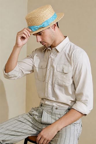 BABEYOND Men's Straw Boater Hat, 1920s Gatsby Summer Costume Accessory - color: Bluedots, size: Large-X-Large