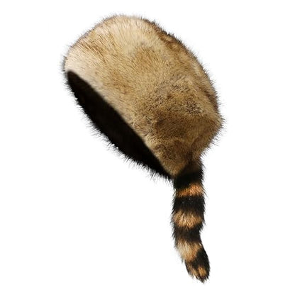 Women's Russian Cossack Hat with Raccoon Tail Furry Trapper Hat Plush Warm Winter Hats for Hunting Faux Fur Ski Cap - color: Light Brown
