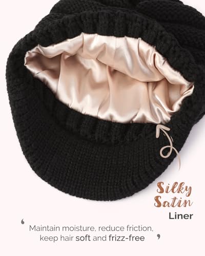 Hat Hut Beanie Hats for Women Men Satin Lined Winter Hats for Women Slouchy Beanies Satin Lined Beanie with Brim Visor - color: Black