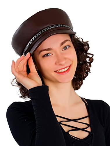 Mumcu's Leather Women Newsboy Fiddler Cap Fisherman Captain Sailor Hat - color: Coffee