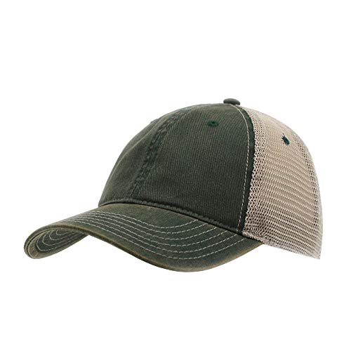 The Vintage Year Distressed Cotton Unstructured Soft Mesh Breathable Adjustable Dirty Wash Dad Hat Trucker Baseball Cap - color: Dirty Wash Dark Green/Khaki