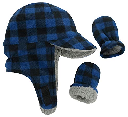 N'Ice Caps Toddler Baby Boys Flap Hat Mitten Set Fleece Sherpa Lined - color: Royal Buffalo Plaid Gray, size: 6-18 Months