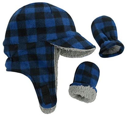 N'Ice Caps Toddler Baby Boys Flap Hat Mitten Set Fleece Sherpa Lined - color: Royal Buffalo Plaid Gray, size: 6-18 Months