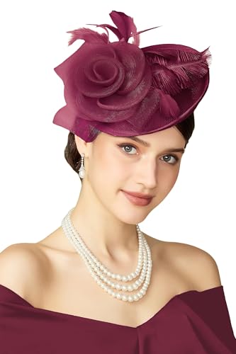 BABEYOND Fascinators Hats for Women Tea Party Mesh Flower Pillbox Derby Hat - color: Wine Red