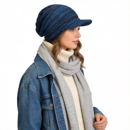 Ruphedy Mens Beanie with Brim Winter Hat Knitted Thick Fleece Visor Beanie - color: B319a-blue