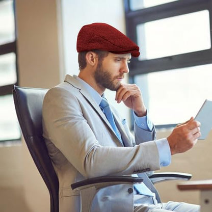 meioro Herringbone Flat Ivy Newsboy Cap for Men Classic Tweed Newsboy Hat Wool Blend Flat Cap Gatsby Cabbie Hats Ivy Caps - color: Red