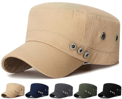 Initlove Cadet Army Cap Military Unisex Flat Top Hat for Men Women - color: 3 Button Beige