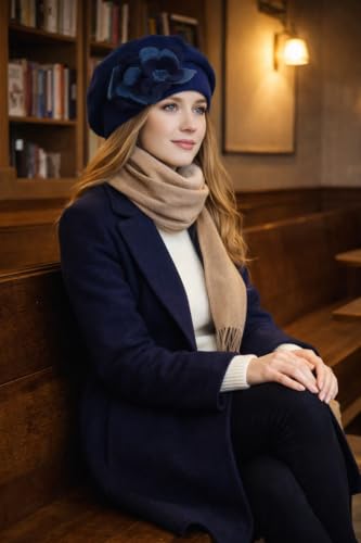 VECRY Lady French Beret 100% Wool Beret Floral Dress Beanie Winter Hat - color: Floral-navy