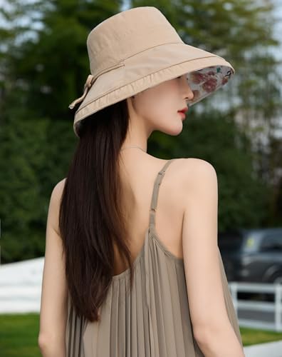 HUAMULAN Women Wide Brim Reversible Sun Hat Summer Beach Fishing Bucket - color: Khaki Floral