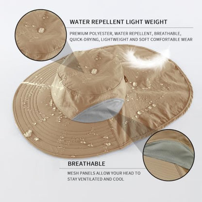 Home Prefer Outdoor UPF50+ Sun Hat Wide Brim Mesh Fishing Hat with Neck Flap - color: Khaki