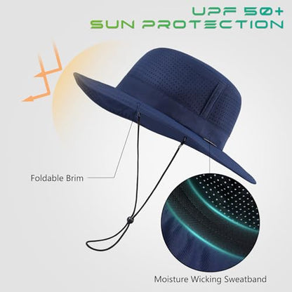 UPF 50+ Bucket Sun Hat with Laser Perforated Mesh Cooling Adjustable Breathable Lightweight for Outdoor Men Women - color: Navy Blue