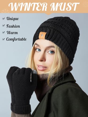 JaGely 8 Pieces Women Winter Hats and Gloves Set Women Warm Touchscreen Knitted Lined Gloves Winter Beanies - color: Black, Pink, Beige, Red