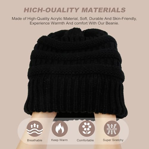 AIBFRID 2 Packs Winter Hats for Women Beanie Satin Lined Acrylic Cable Knit Chunky Warm Soft Slouchy Cuffed Cap - color: Black