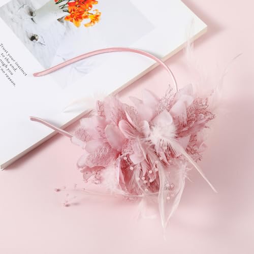 Womens Fascinators Hats Tea Party Feather Pearl Headband for Women, Wedding Cocktail Dresses Accessories - color: Nude Pink