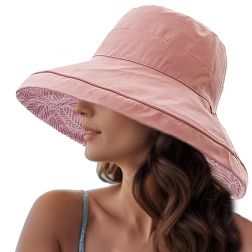 Wide Brim Sun Hats for Women UV Protection Reversible Bucket Hat Foldable Beach Hats Summer Hat for Garden Travel - color: Pink-leaf