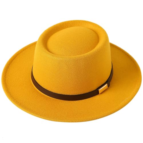 Fedora Hat for Men and Women, Wide Brim Flat Top Cap - color: Yellow