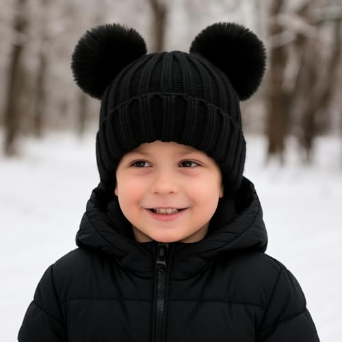 Toddler Winter Knit Hat Upgrade Fleece Lined Pompom Ears Beanies Cap for Boys Girls 3-12 Years - color: New Black