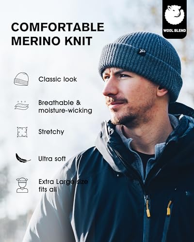 Oversize L/XL/XXL Merino Wool Blend Short Fisheman Beanie Lightweight Warm Hat for Cold Weather Winter - color: Black, size: Large