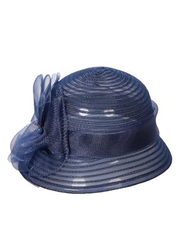 Kentucky Fascinators Hat with Flower Veil Wedding Pillbox Hats Pearl Rhinestone Women Cocktail Fedoras Derby Cap - color: Navy