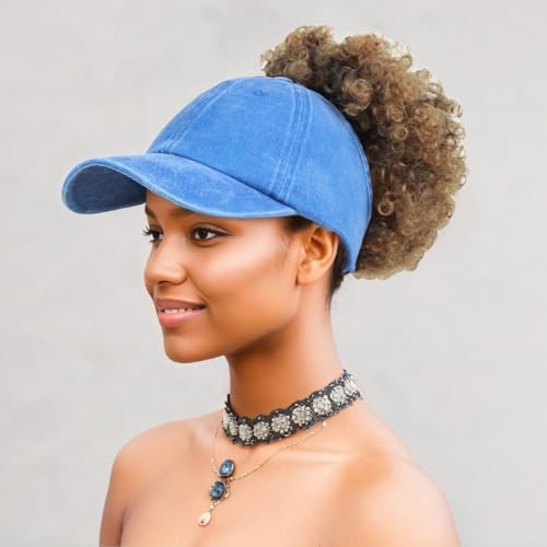 2 Pack Backless Cap for Women Natural Curly Hair Hat Baseball Cap Afro Puff Ponytail Hat - color: Black+blue