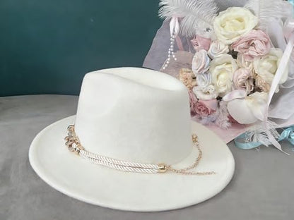 Fashion Men & Women Wide Brim Fedora Hats with Ring Belt Buckle Adjustable Church Dress Floppy Panama Hat Derby Cap - color: White