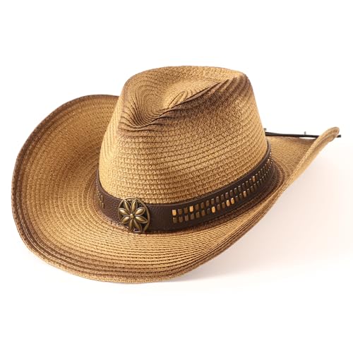 AQOKKA Straw Cowboy Hats for Women Men Western Cowgirl Hats with Shapeable Brim Woven Hollow Out Unisex Beach Roll Up Caps - color: Spray-painted Cowboy Hats : Coffee+khaki
