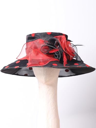 Organza Kentucky Dots Fascinator Hat for Women Ladies Wide Brim Big Sun Hats Wedding Church Hat Derby Cap - color: Black and Red