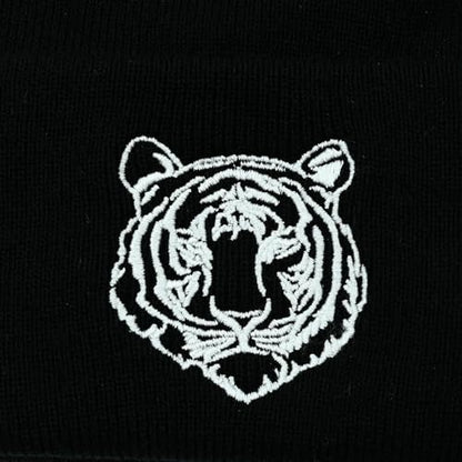 Black Beanie Hat for Men Women Embroidered Knit Winter Beanies Cap - color: Tiger
