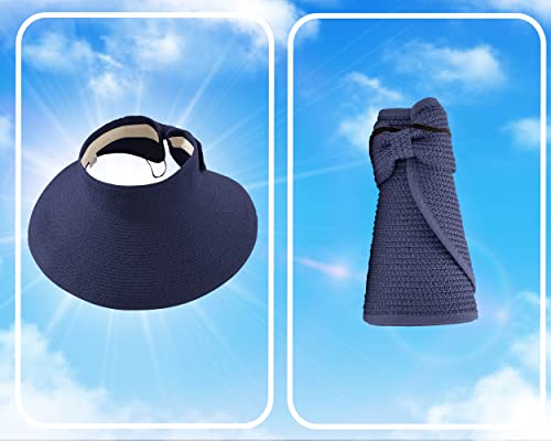 Straw Sun Visor for Women, Wide Brim UPF 50+ Protection Beach Hat, Adjustable, Roll Up Foldable Ponytail Cap with Chin Strap - color: Navy