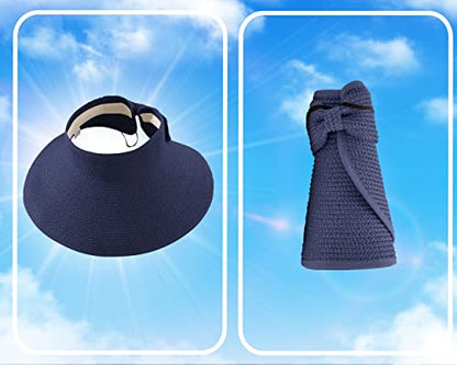Straw Sun Visor for Women, Wide Brim UPF 50+ Protection Beach Hat, Adjustable, Roll Up Foldable Ponytail Cap with Chin Strap - color: Navy