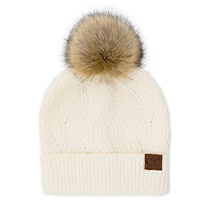 C.C Hatsandscarf Exclusives Unisex Solid Ribbed Beanie with Pom (HAT-43) - color: A Brioche Cable Pattern-cream