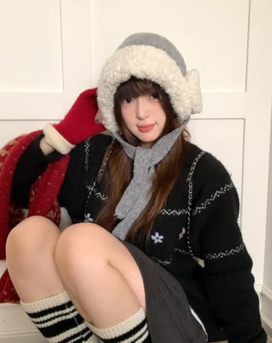 Women Winter Fleece Beanie Hat with Ear Flaps Soft Warm Crochet Skull Caps - color: White