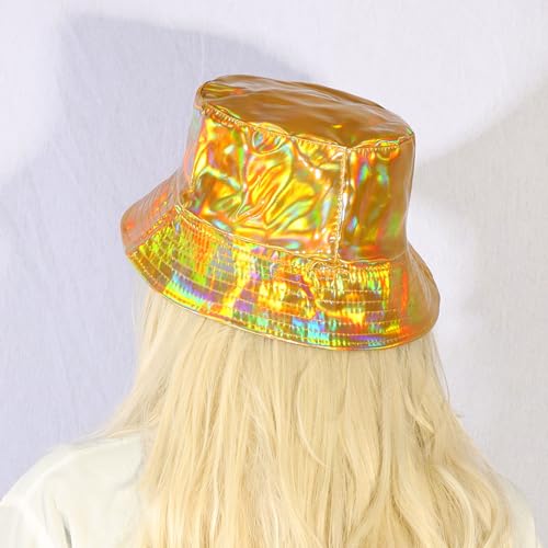 MILAKOO Rave Hologram Metallic Bucket Hat Reversible Cap Reflective Waterproof Rain Fisherman Hat - color: E: Gold