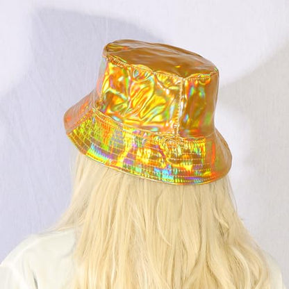 MILAKOO Rave Hologram Metallic Bucket Hat Reversible Cap Reflective Waterproof Rain Fisherman Hat - color: E: Gold