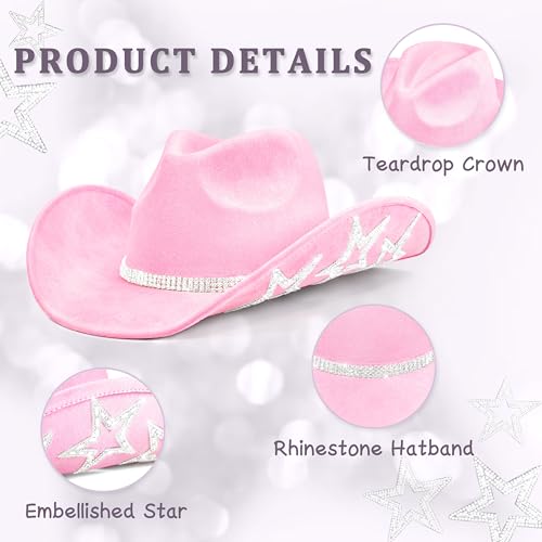 Keilin Rhinestone Cowgirl Hat Disco Cowboy Hat Felt Western Nashville Bachelorette Party Hat for Teens and Adults - color: Pink