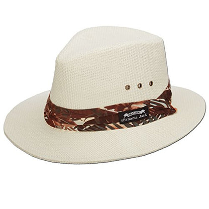Panama Jack Woven Safari Hat - Matte Toyo Straw, 2 1/2" Brim, Tropical Print Hat Band - color: Brown, size: Medium