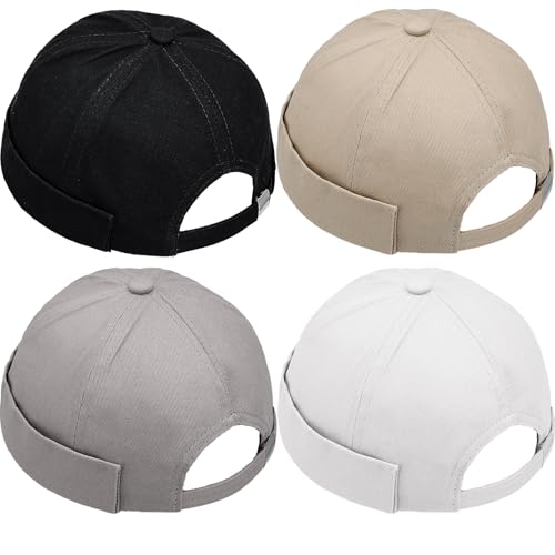 4 Pcs Brimless Hat Docker Cap No Brim Hats Skull Caps Rolled Cuff Beanie Hip Hop Hats with Buckle for Men - color: Khaki,green,navy Blue, Black, Gray,white