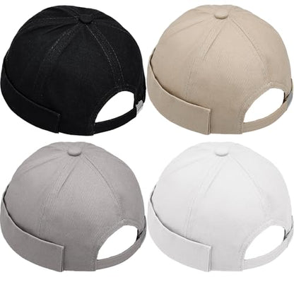 4 Pcs Brimless Hat Docker Cap No Brim Hats Skull Caps Rolled Cuff Beanie Hip Hop Hats with Buckle for Men - color: Khaki,green,navy Blue, Black, Gray,white
