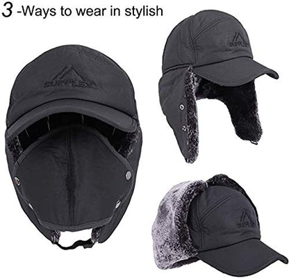 Winter 3 in 1 Thermal Fur Lined Trapper Hat with Ear Flap Full Face Warmer Cover Windproof Cycling Motorcycle Headwear - color: Grey