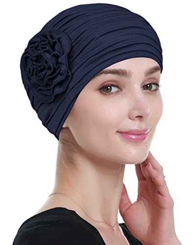 Alnorm Flower Design Chemo Hair Loss Caps Cancer Headwear for Women - color: Navy Blue