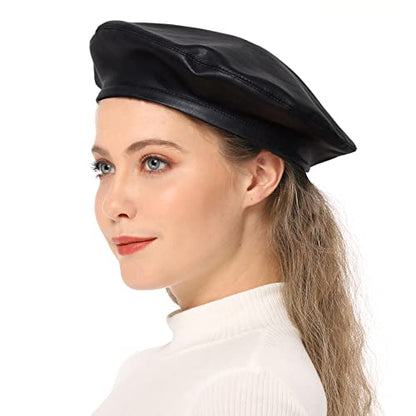 Wheebo PU Leather Berets for Women French Beret Hats Artist Painter Hat Classic Solid Style - color: Black