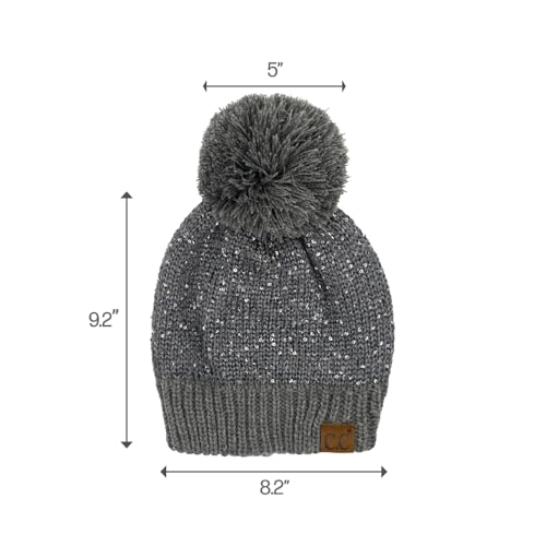 C.C Sequin Pom Beanie for Women - Acrylic Stretchable Soft Warm Knit Winter Skully Hat with Yarn Pom - color: Sequin-dk Mel Grey / Grey