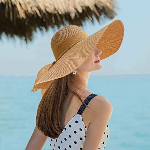 Floppy Big Beach Straw Hats for Women Foldable Summer Wide Brim Packable Sun Hat Womens Travel Straw Fedora Hat - color: Khaki-2