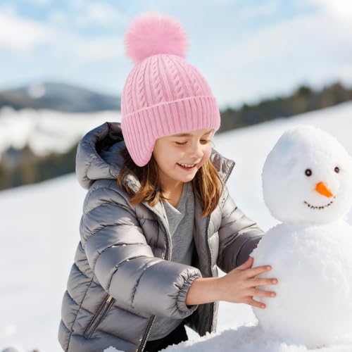 Toddler Earflap Beanie Hat with Rainbow Pom for Little Girls Knitted Beanies Kids Winter Skiing Caps Age 3-8 - color: Pink