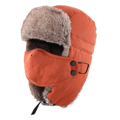 Home Prefer Mens Warm Faux Fur Trooper Trapper Hat Outdoor Reflective Winter Hunting Hat with Ear Flaps Face Mask - color: Brown