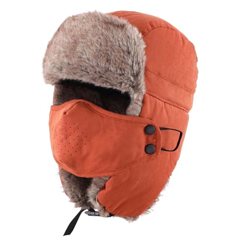 Home Prefer Mens Warm Faux Fur Trooper Trapper Hat Outdoor Reflective Winter Hunting Hat with Ear Flaps Face Mask - color: Brown